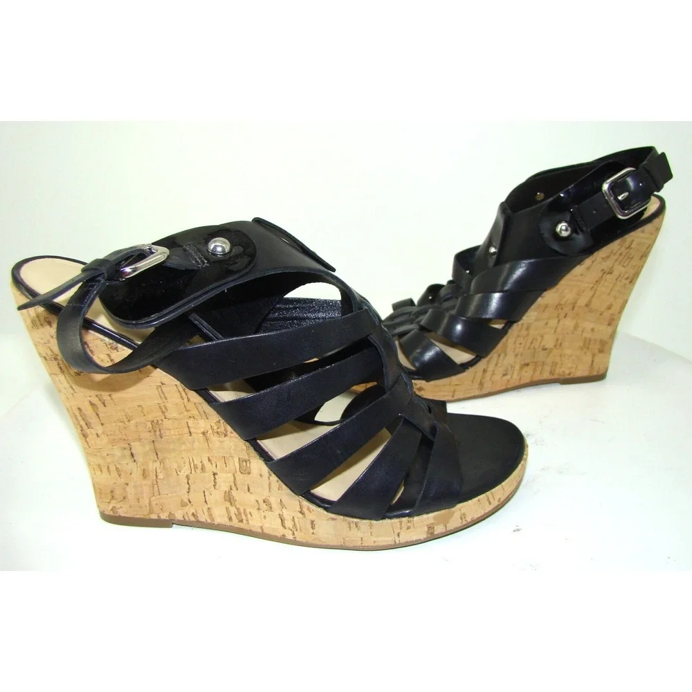NEW Via Spiga Italy Black Gladiator Cork Wedge Heels Sandals Size 10M   C114